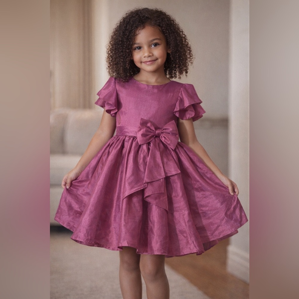 Joyfolie Girls Size 8 Pink Satin Bow Party Dress Flutter Sleeve Flower Girl